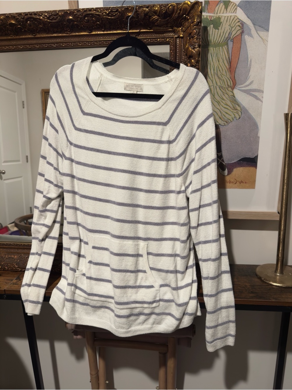 Barefoot Dreams Cream and Light Gray Striped Cozy Crewneck Sweater